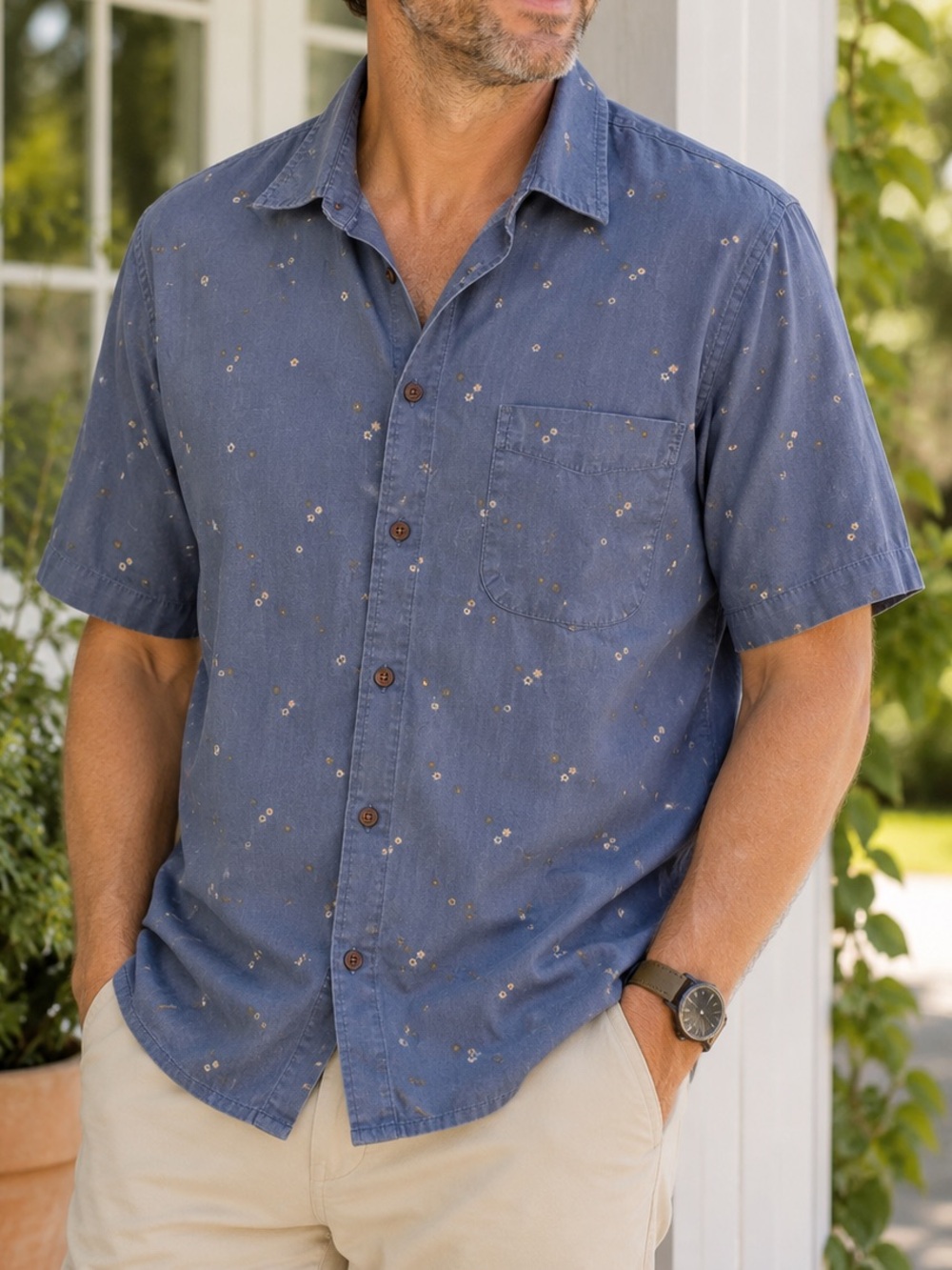 Katin Linen Cotton Men’s Blue Floral Short Sleeve Button Up Shirt Large